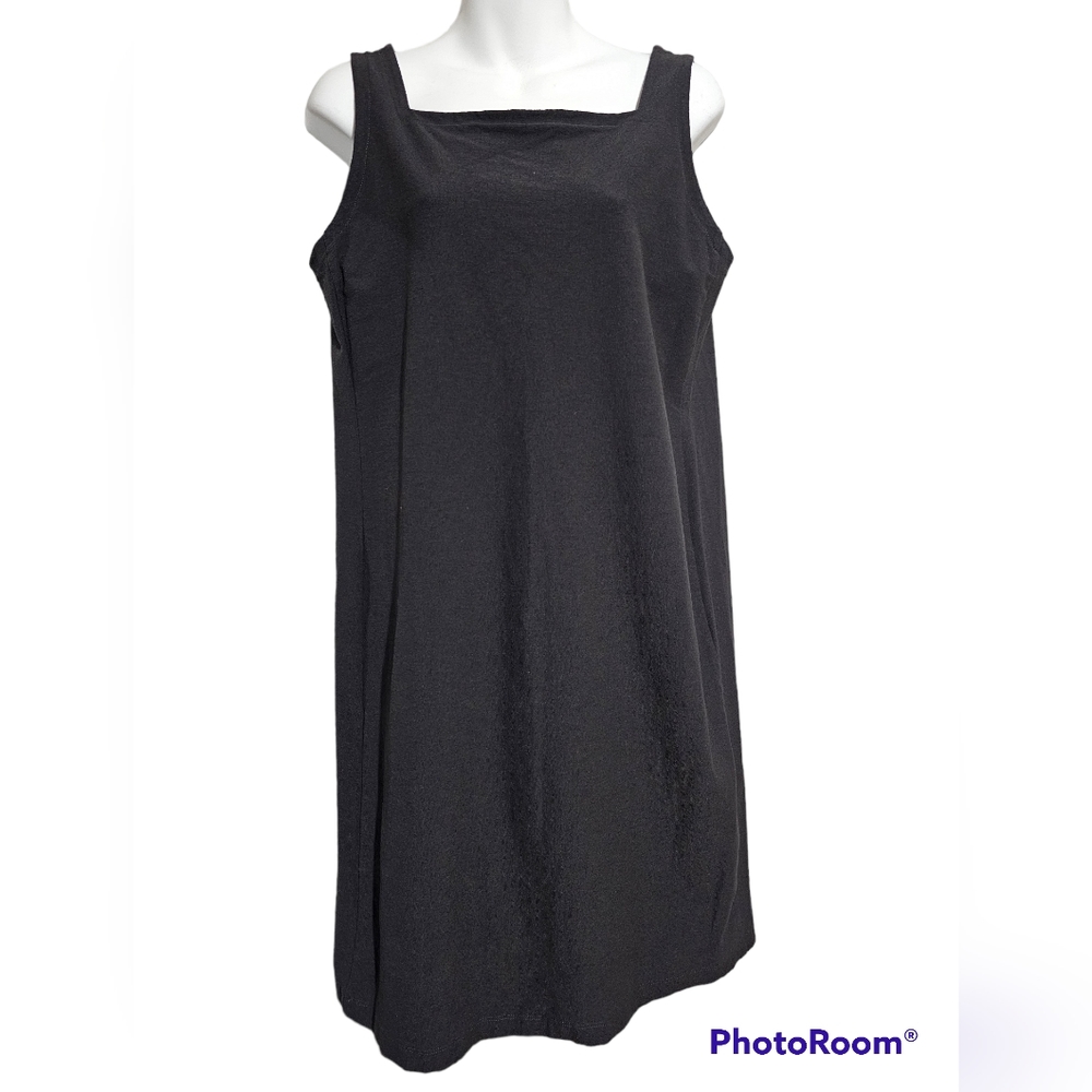 Eileen Fisher boat neck midi sleeveless stretch crepe dress in graphite s:Small